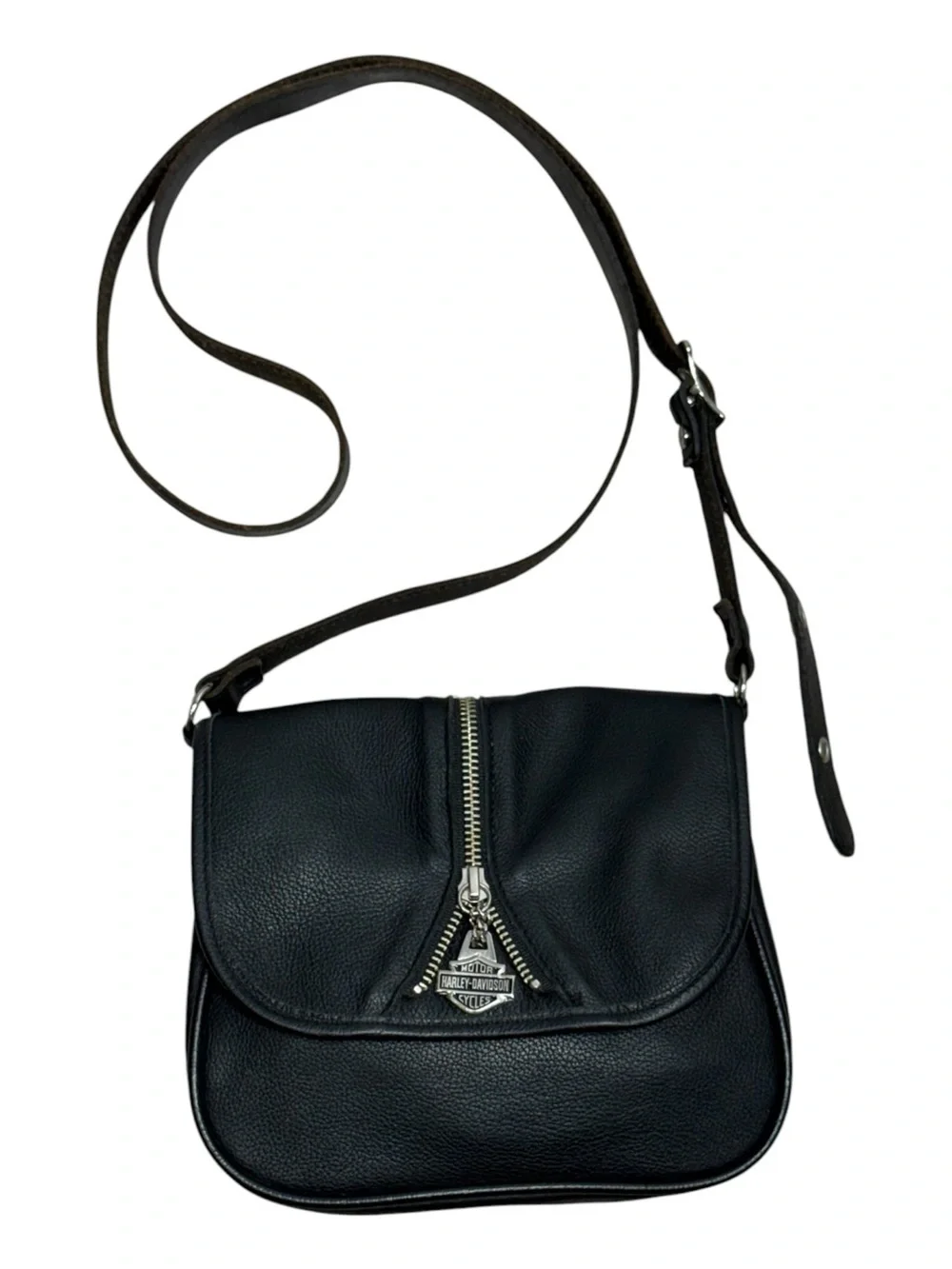 Harley-Davidson Black Leather Crossbody Bag Adjustable Strap Silver Bar & Shield